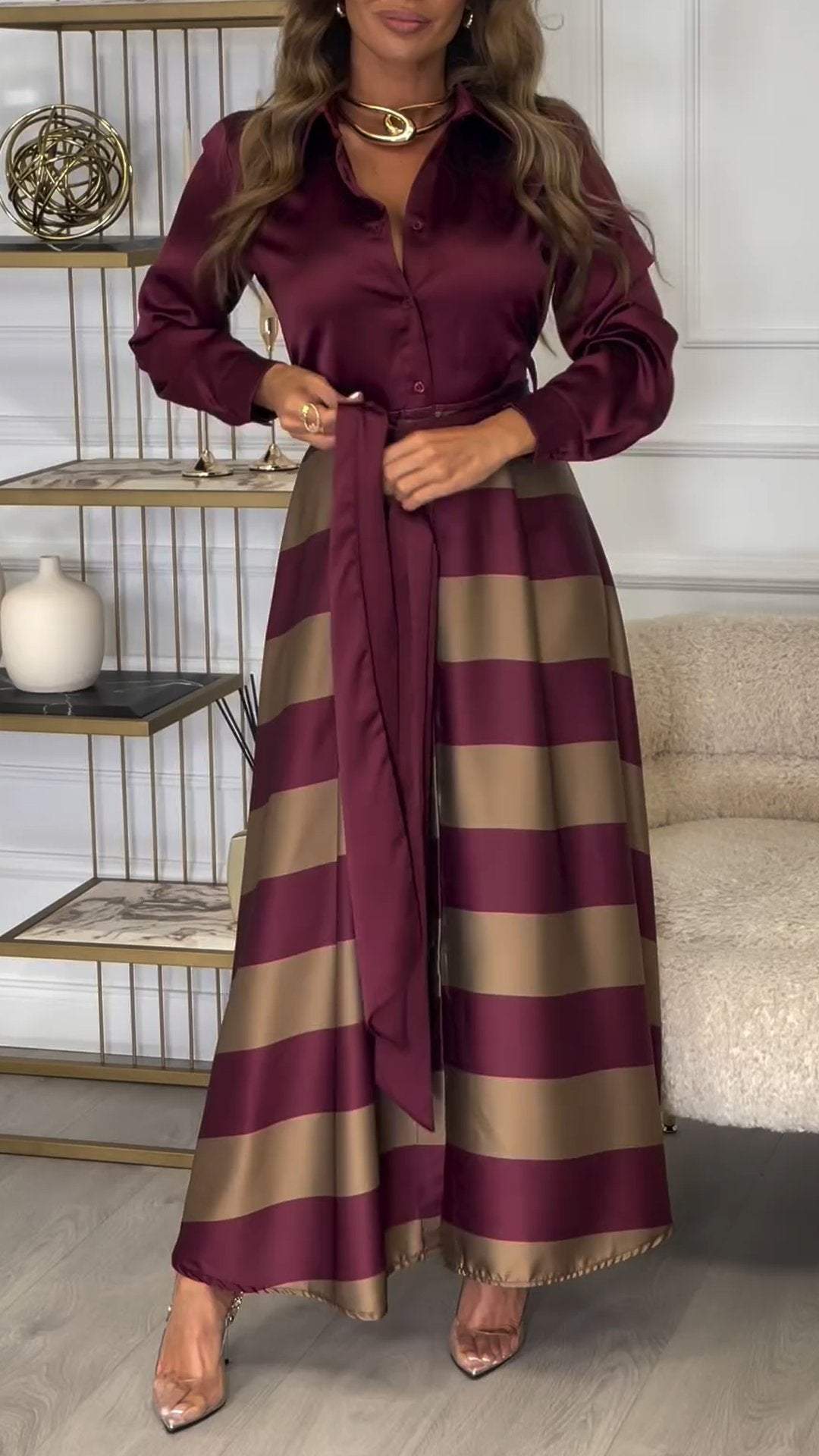 Long Sleeve Striped Stitching Temperament Dress