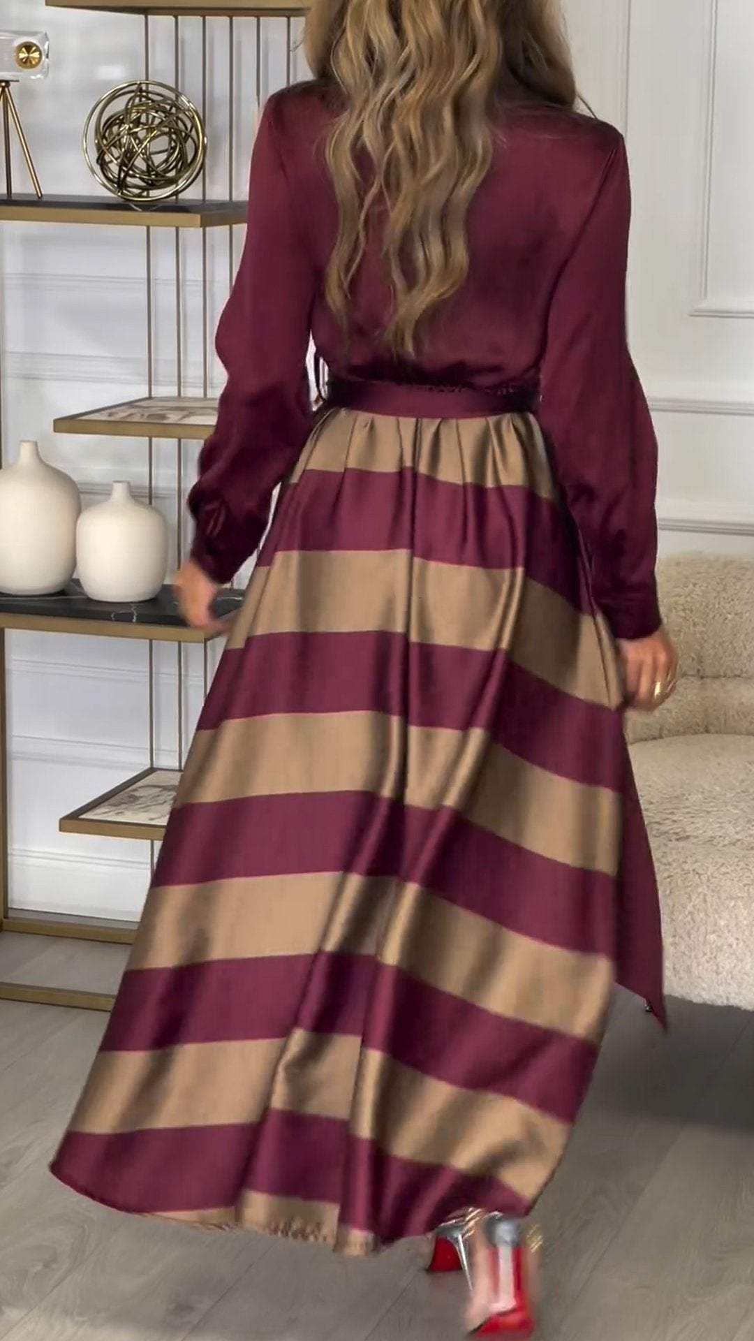 Long Sleeve Striped Stitching Temperament Dress